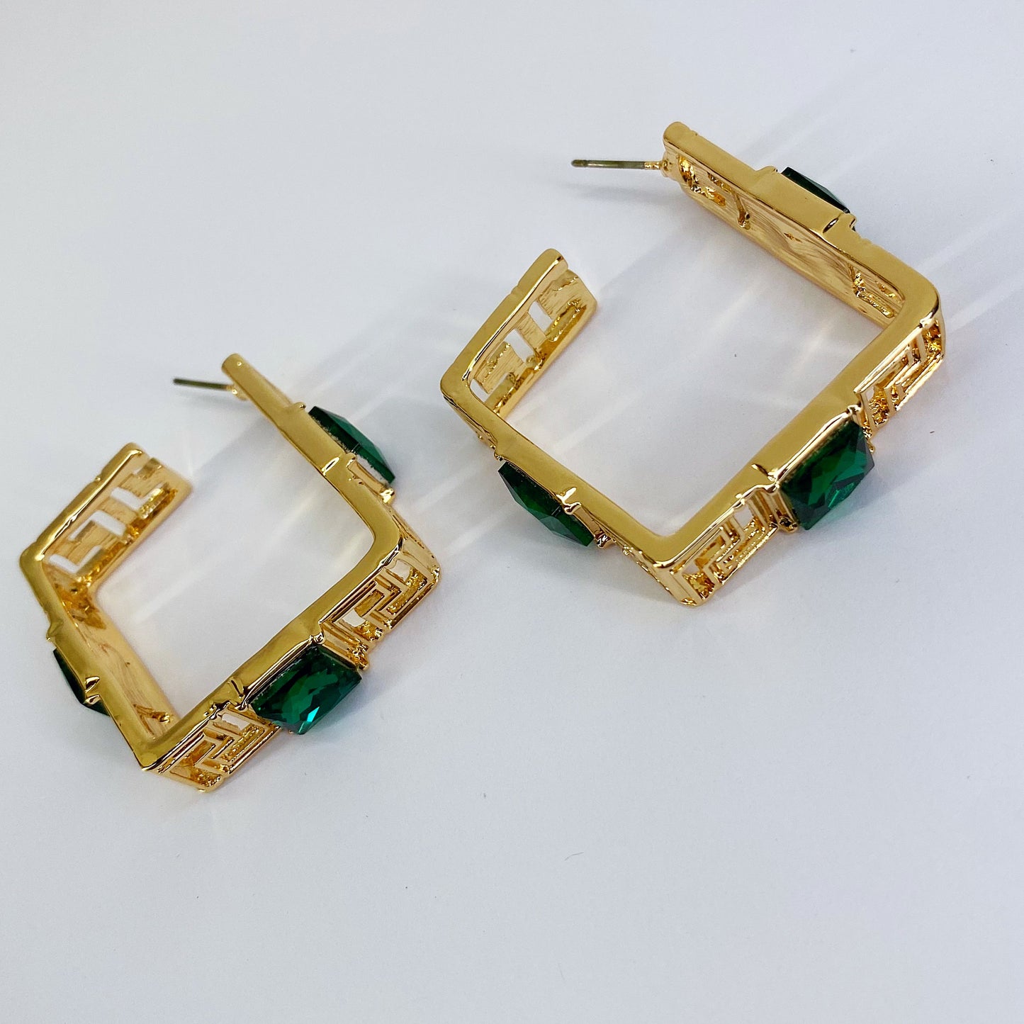 Square Greek Design Hoop with Rhinestones Earrings