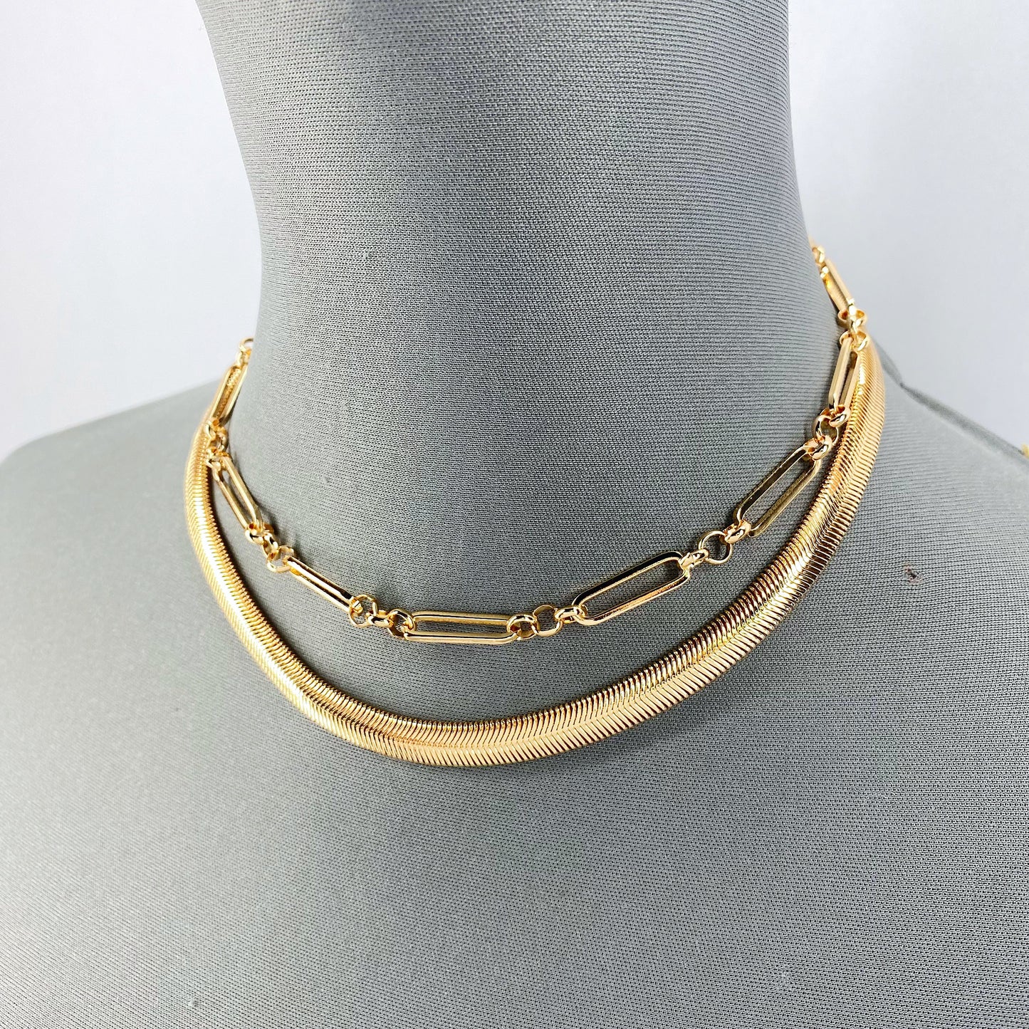 2 Herringbone and Clip Chain Necklaces Set
