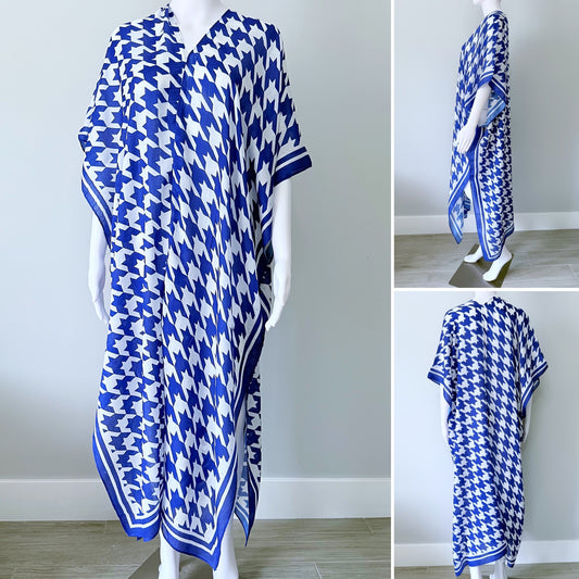 Royal Blue Houndstooth Long Kimono