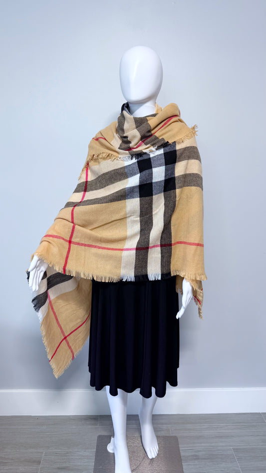 Checkered Beige Cotton Square Blanket Scarf
