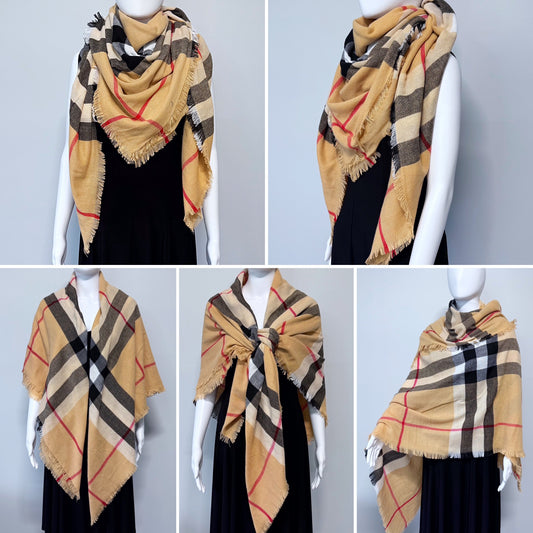 Checkered Beige Cotton Square Blanket Scarf