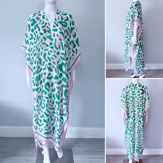 Animal Print Green and Pink Long Kimono
