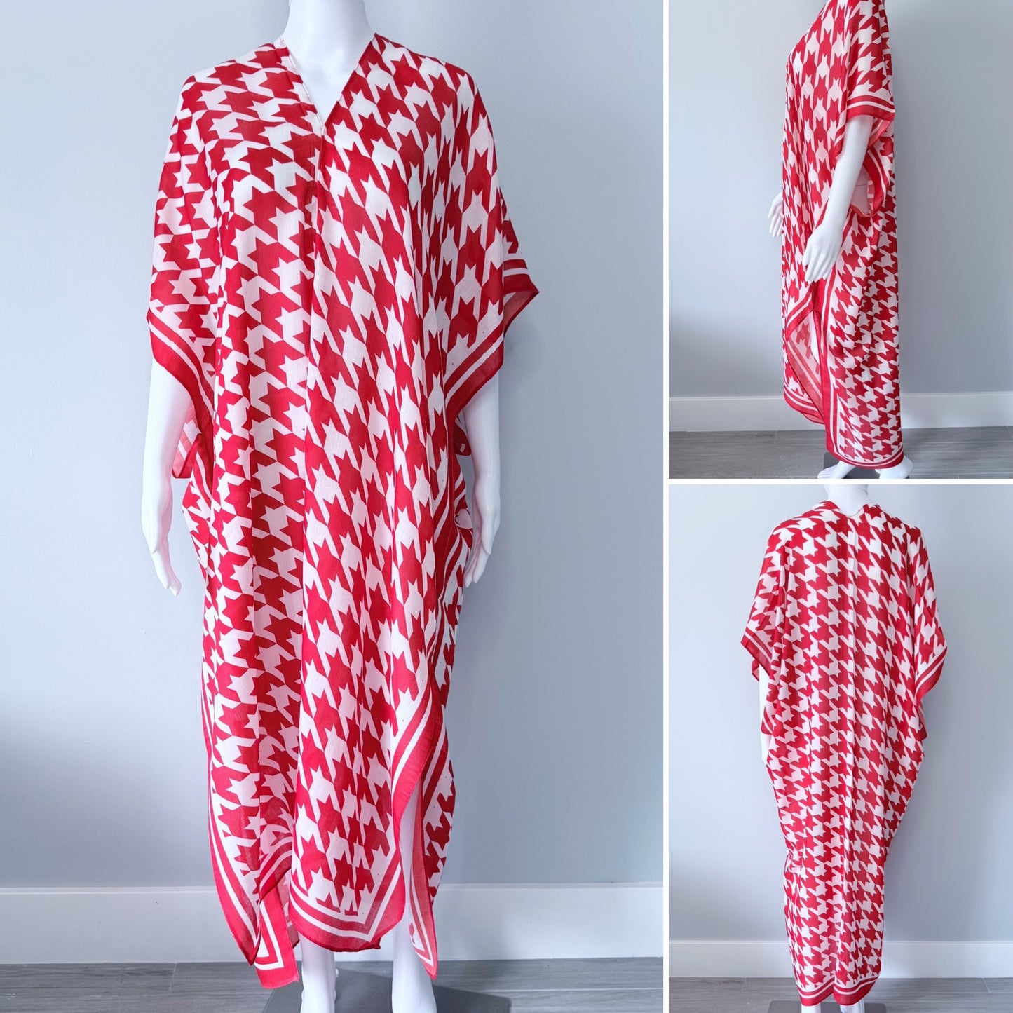 Red Houndstooth Long Kimono