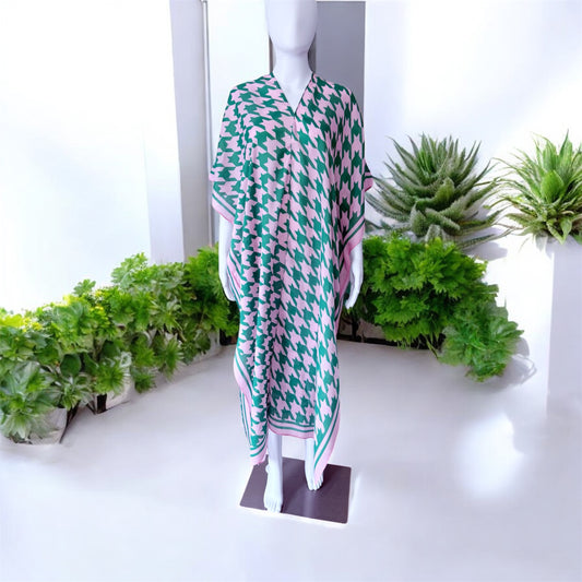 Pink and Green Houndstooth Long Kimono