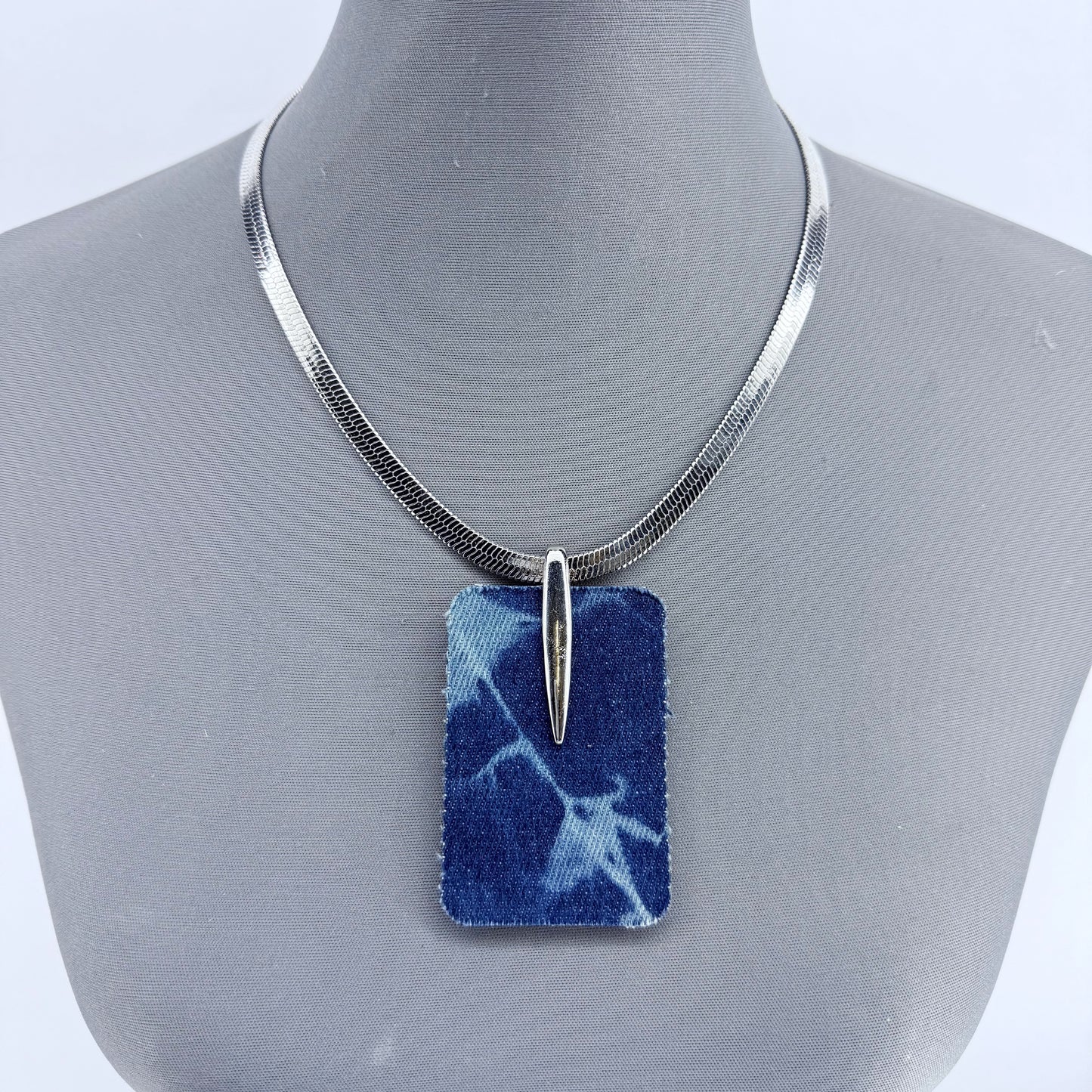 Silver Finish Snake Chain Necklace With Square Denim Pendant