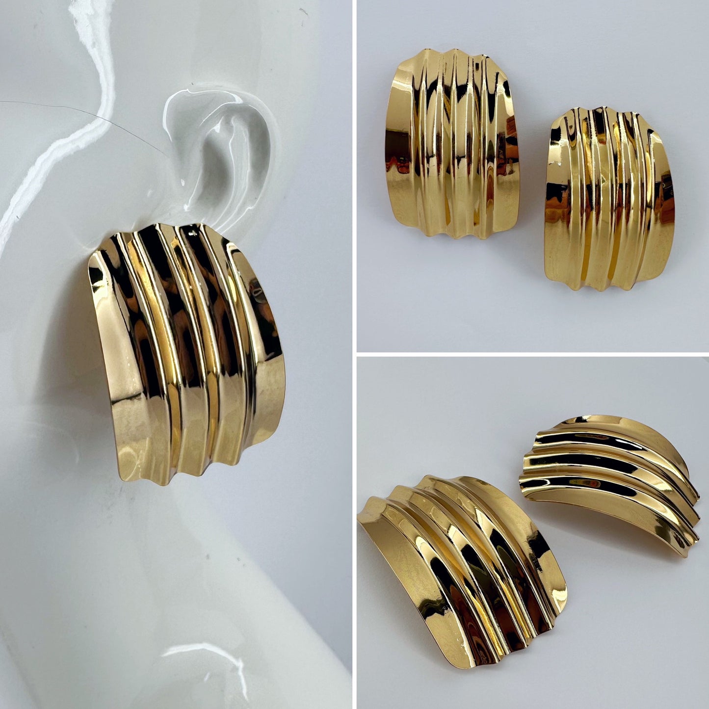 Gold Finish Ruffle Design Post Back Earrings