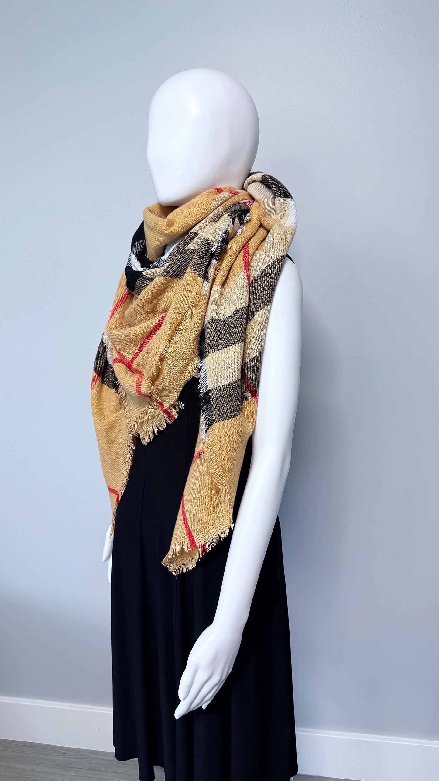 Checkered Beige Cotton Square Blanket Scarf