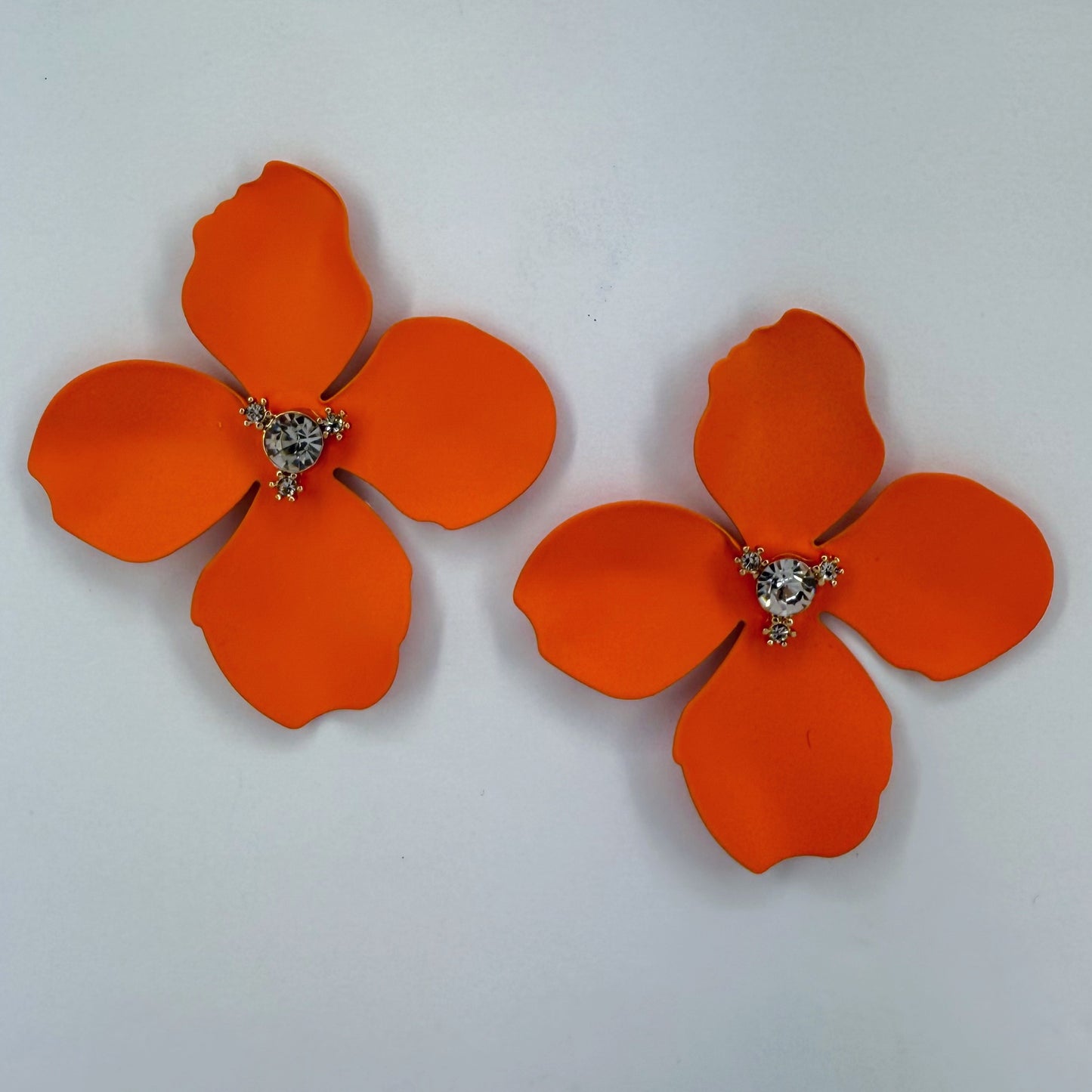 Metal Petals Flower with Rhinestone Post Back Earrings