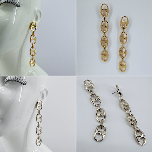 Puffed Link Long Drop Dangle Earrings