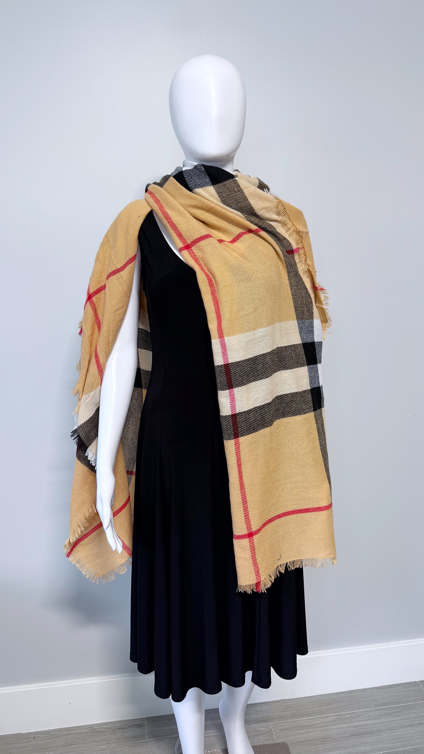 Checkered Beige Cotton Square Blanket Scarf