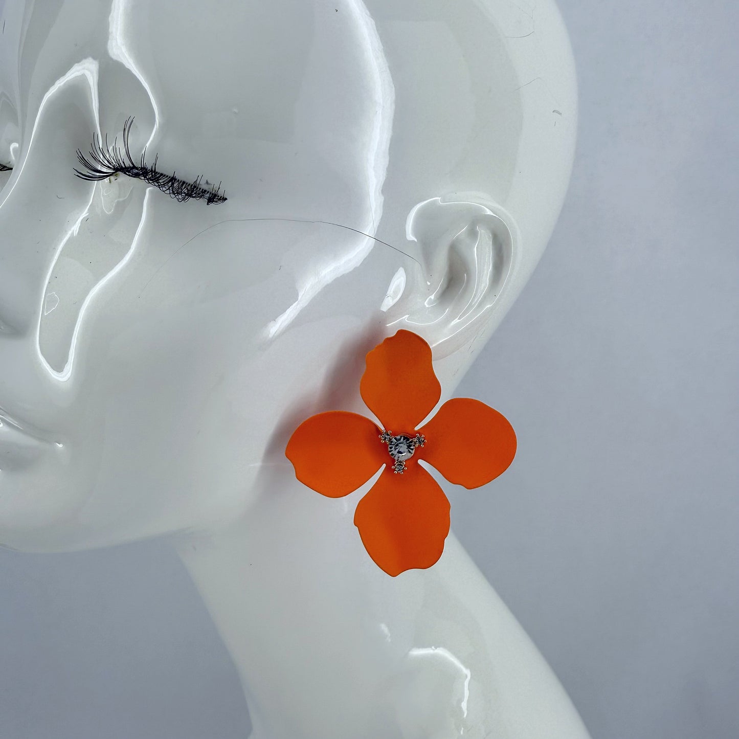 Metal Petals Flower with Rhinestone Post Back Earrings