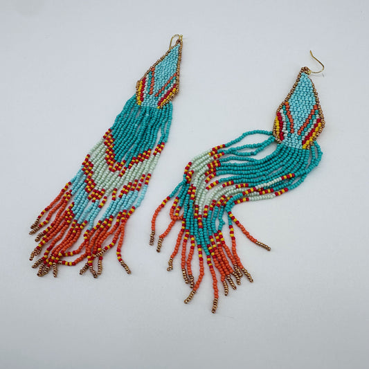 Fish Hook Gold Finish Elongated Seed Bead Fringe Earrings