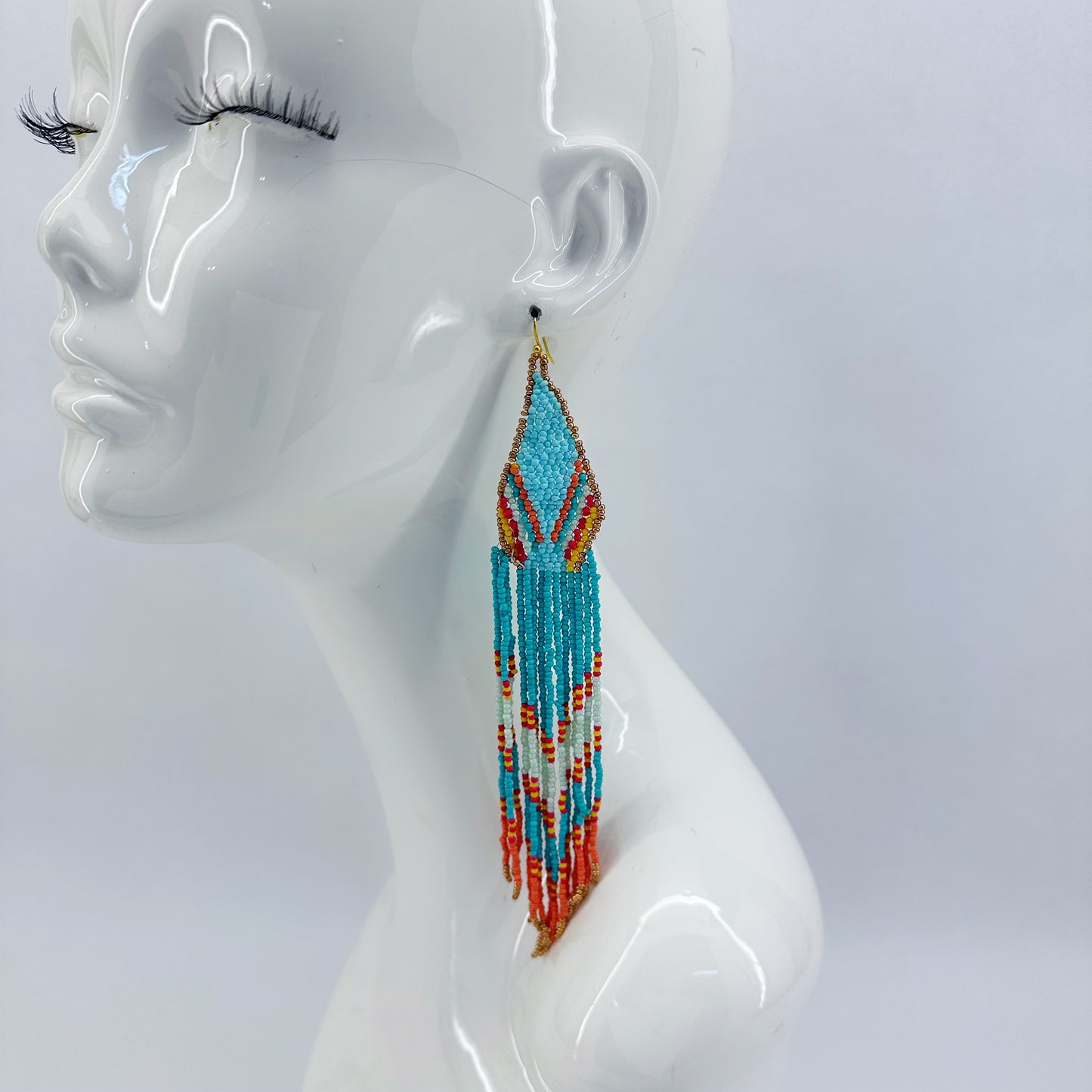 Fish Hook Gold Finish Elongated Seed Bead Fringe Earrings