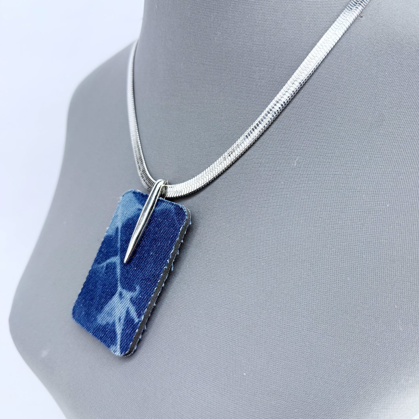 Silver Finish Snake Chain Necklace With Square Denim Pendant