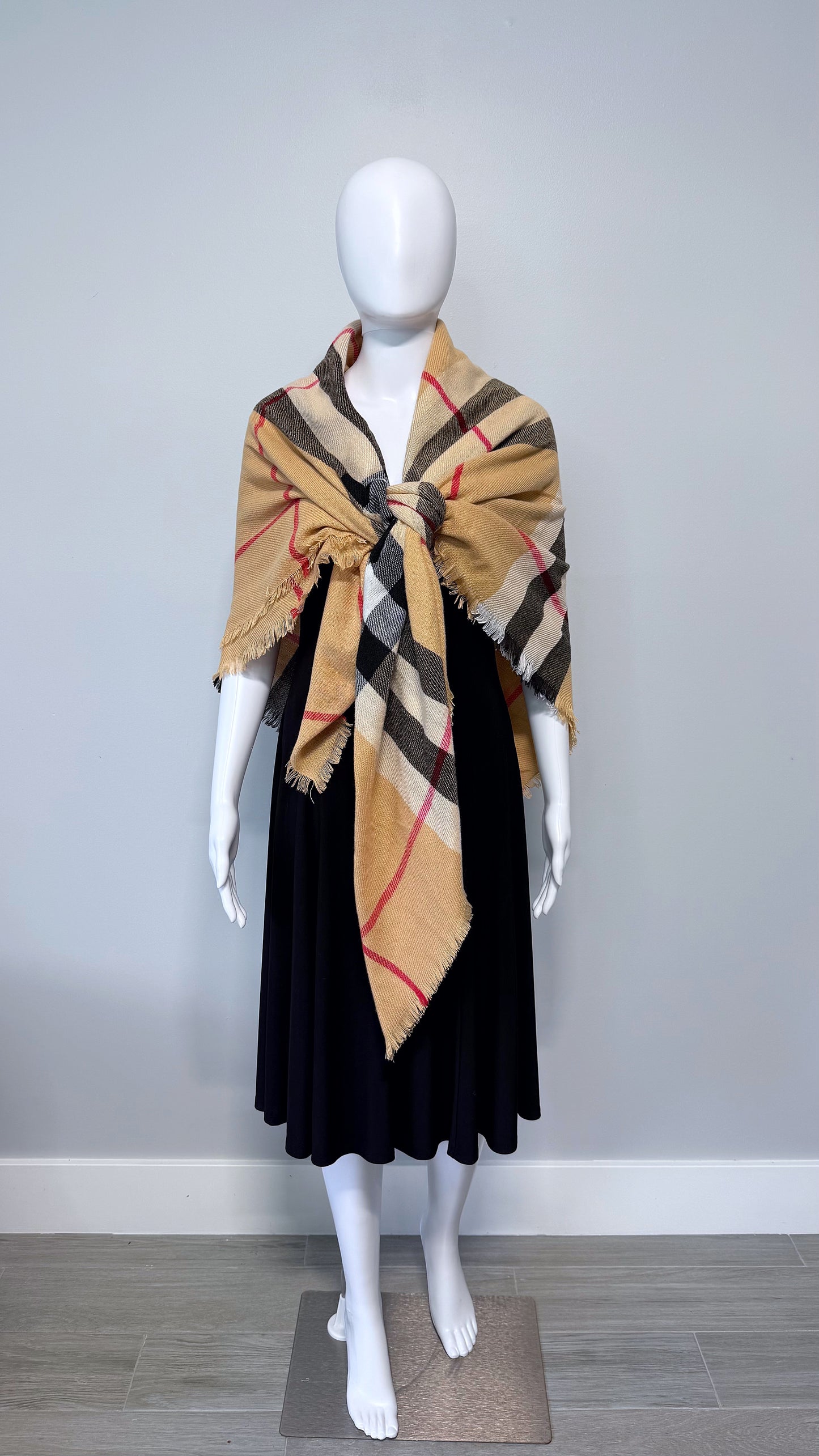 Checkered Beige Cotton Square Blanket Scarf