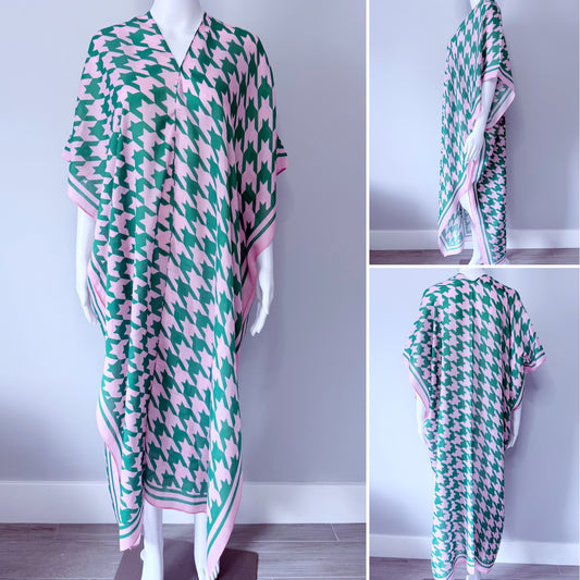 Pink and Green Houndstooth Long Kimono