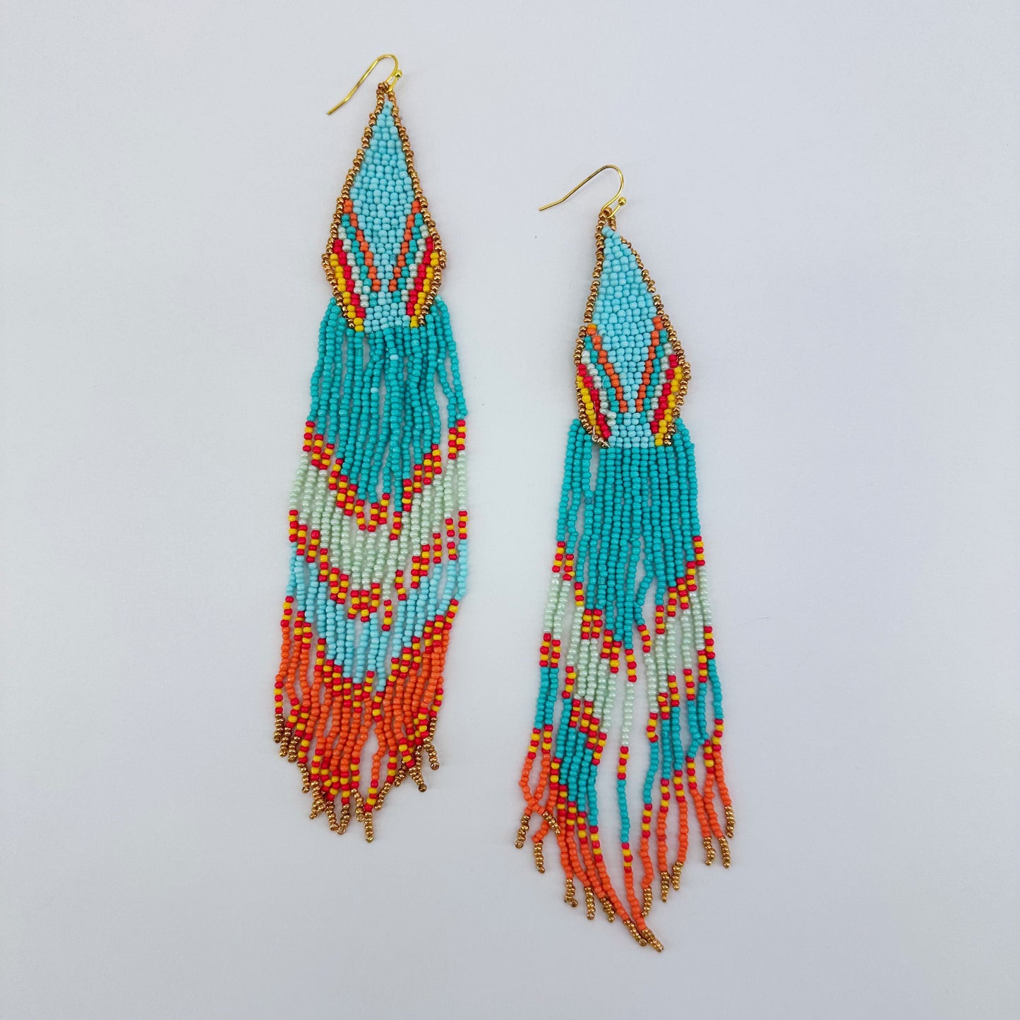 Fish Hook Gold Finish Elongated Seed Bead Fringe Earrings