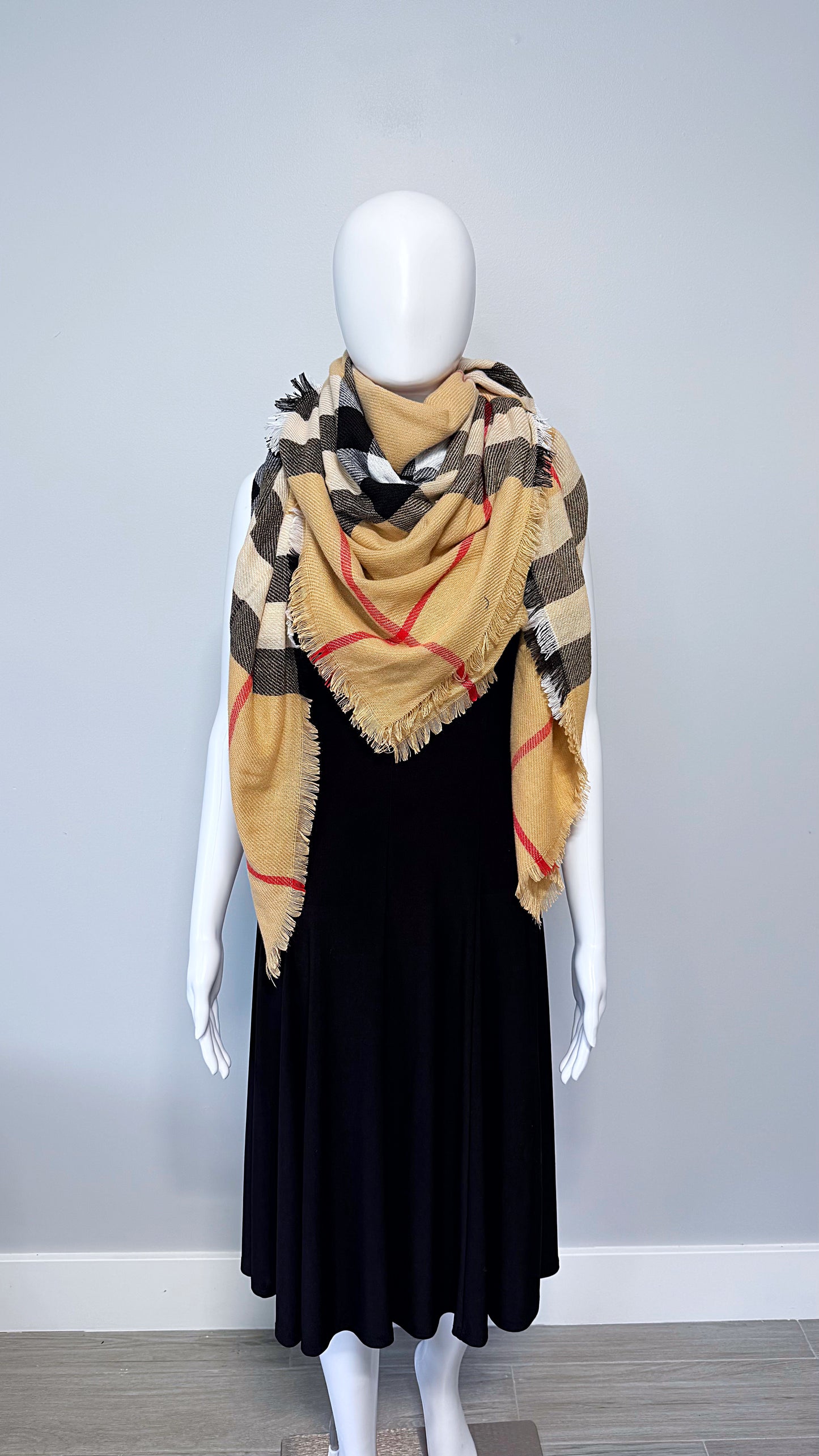 Checkered Beige Cotton Square Blanket Scarf