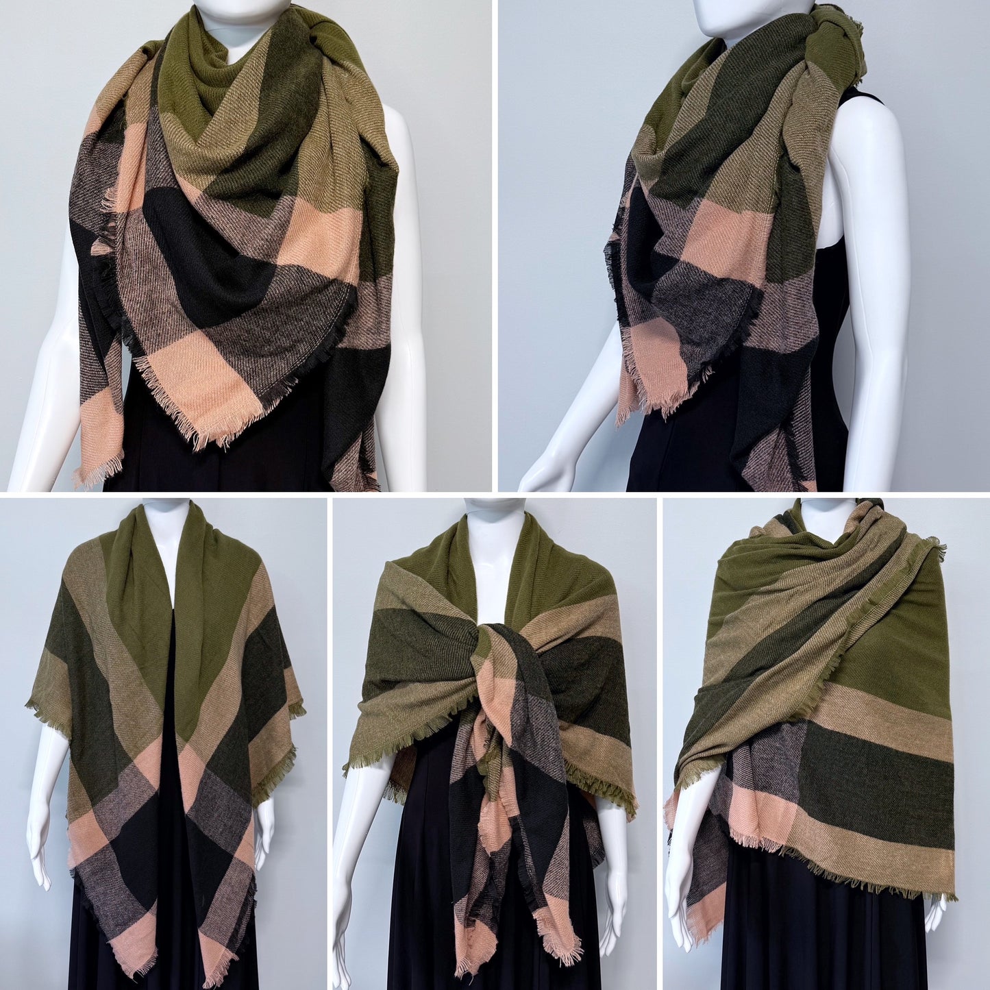 Olive Green Cotton Square Blanket Scarf