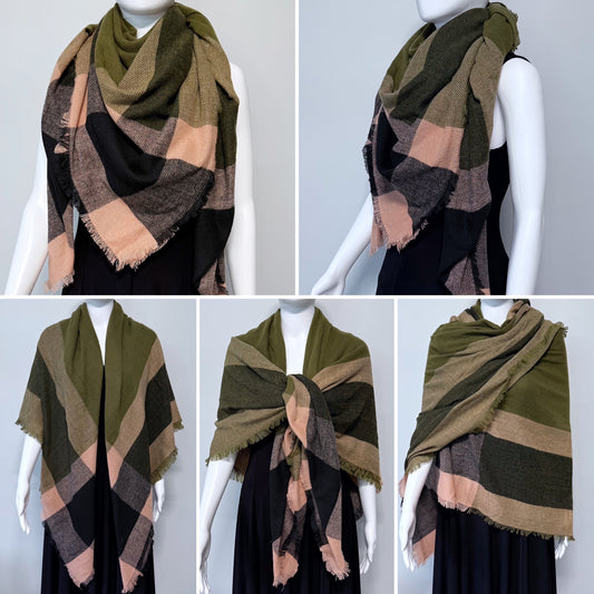 Olive Green Cotton Square Blanket Scarf