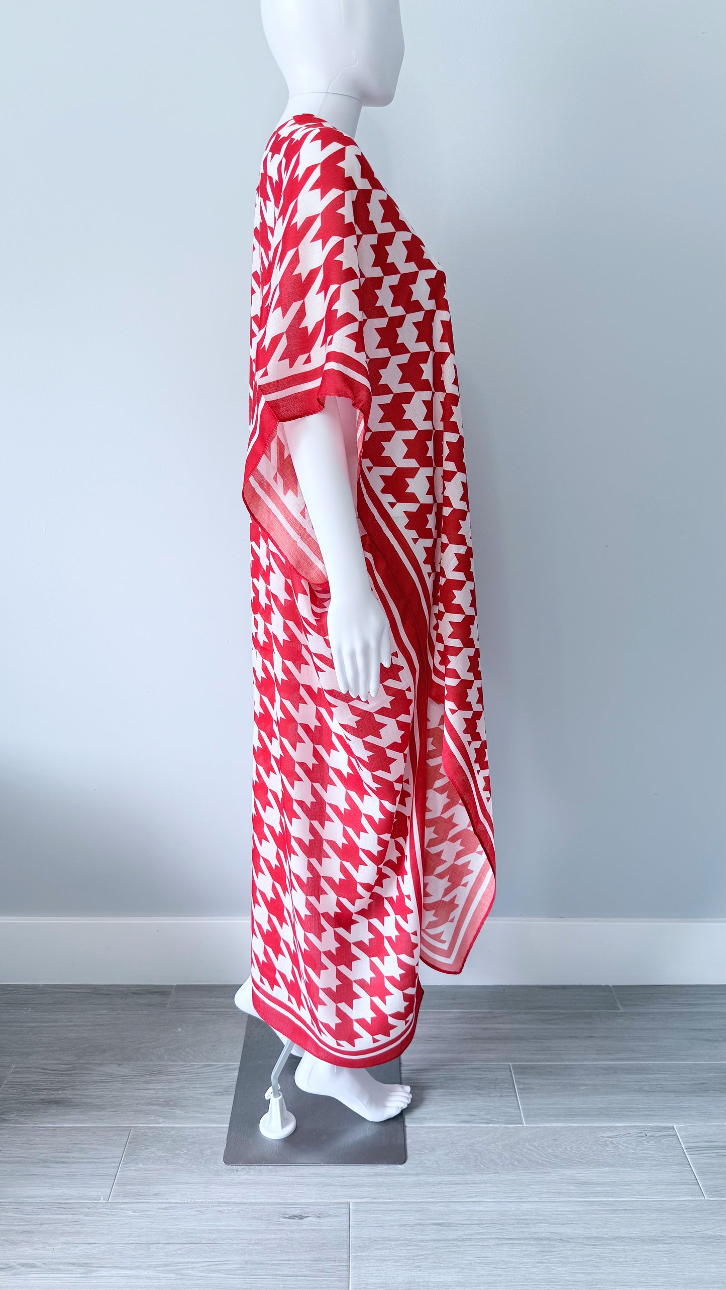 Red Houndstooth Long Kimono