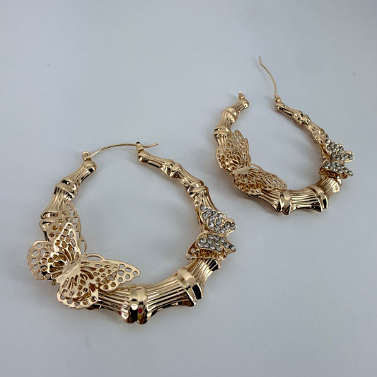 Gold Finish Bamboo Shape Hoop Earrings with Butterflies