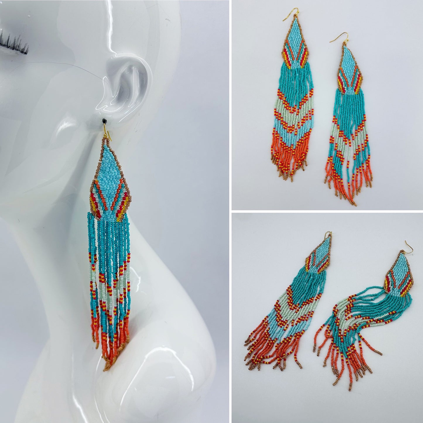Fish Hook Gold Finish Elongated Seed Bead Fringe Earrings