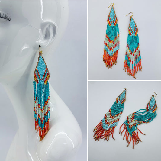 Fish Hook Gold Finish Elongated Seed Bead Fringe Earrings