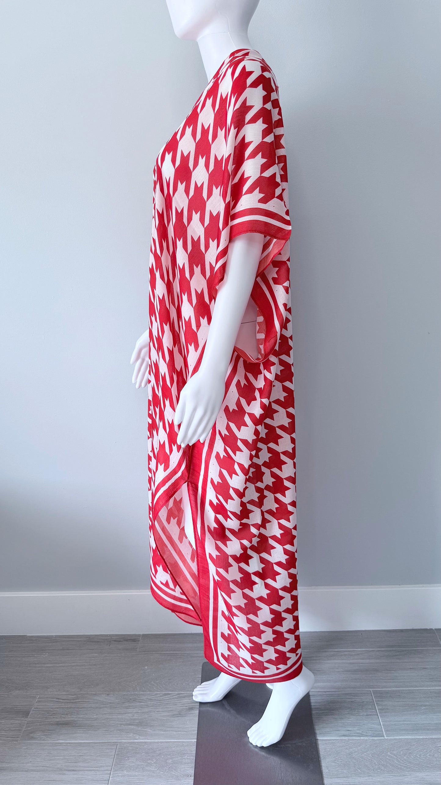Red Houndstooth Long Kimono