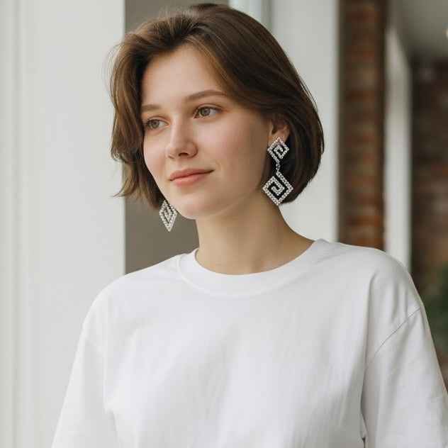 Double Square Spiral Rhinestone Earrings