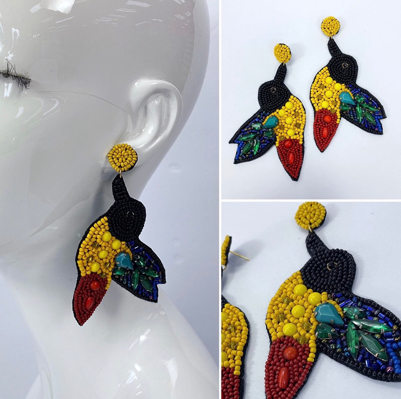 Beaded Hummingbird Colibri Multicolor Back Velvet Earrings
