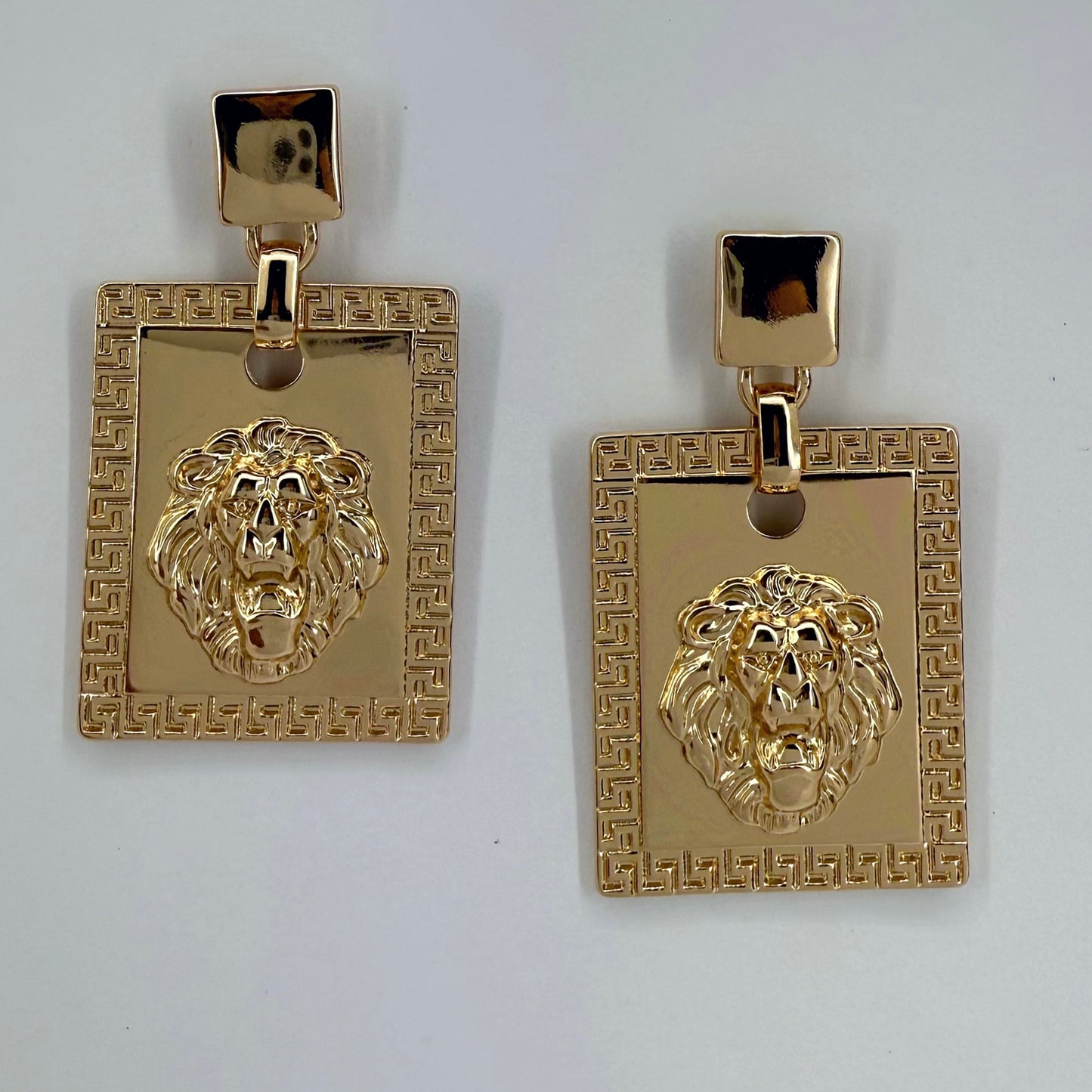 Square Post Back Gold Earrings With Square Dangle And Lion Head