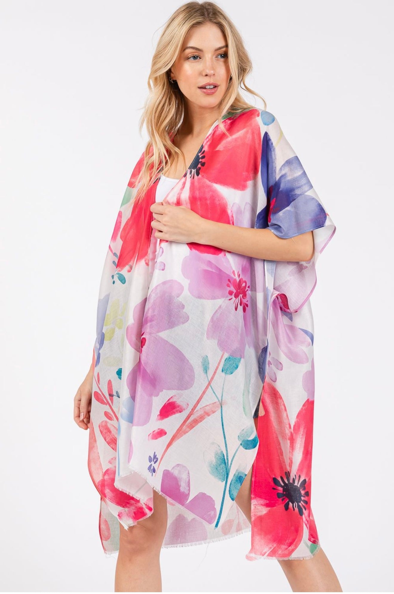 Water Color Flower Print Open KImono Shawl
