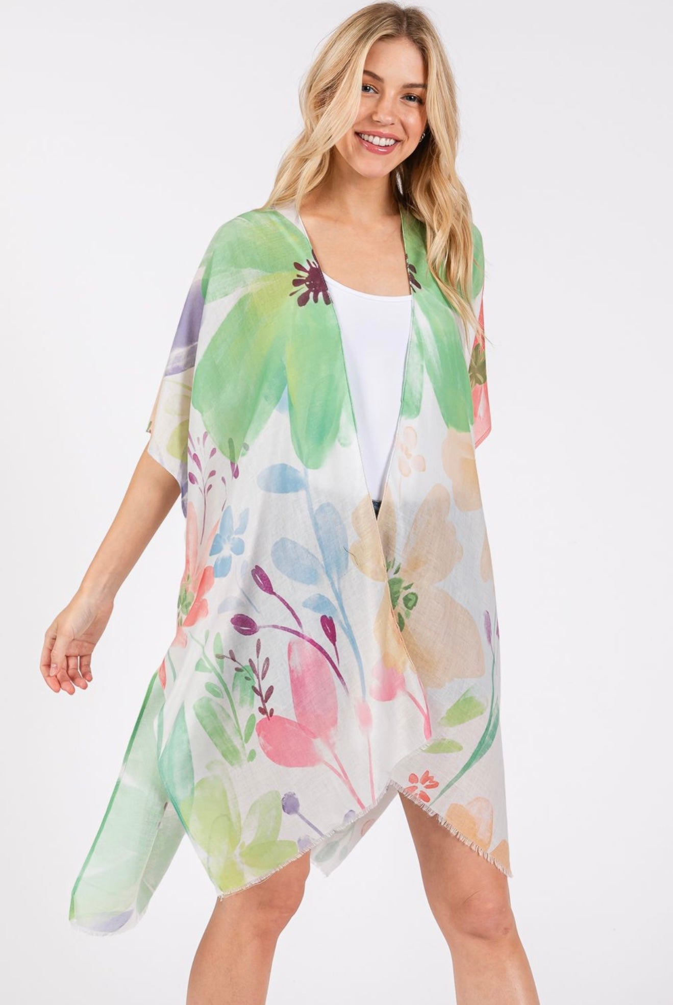 Water Color Flower Print Open KImono Shawl