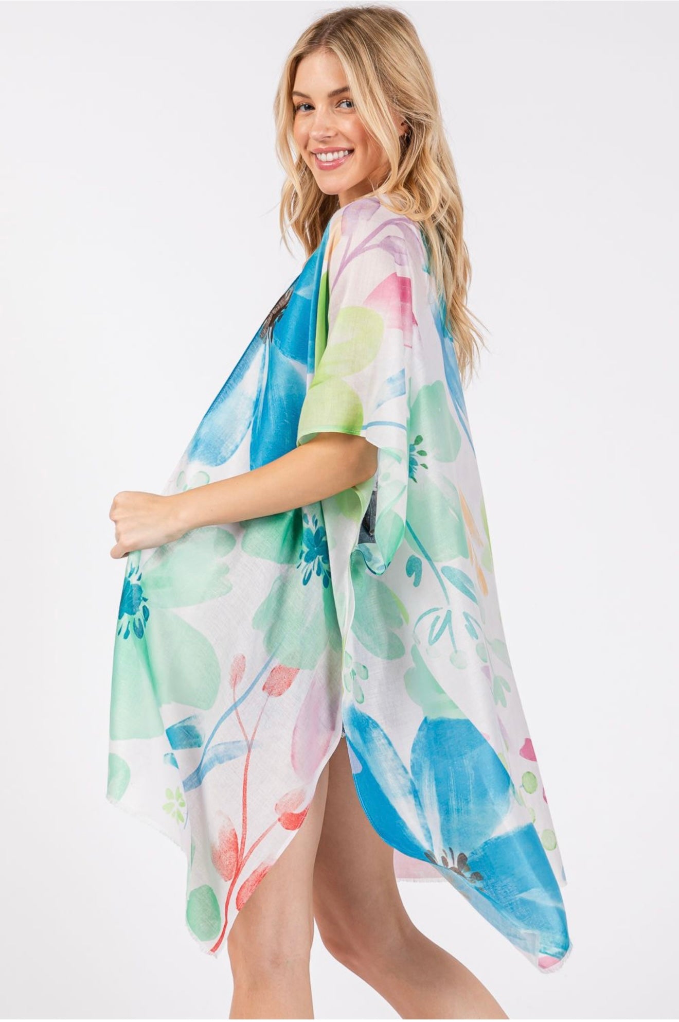 Water Color Flower Print Open KImono Shawl