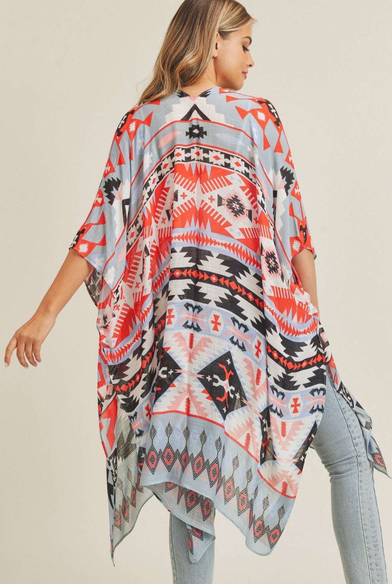 Tribal Aztec Print Kimono Shawl Cover Up Red and Black Design