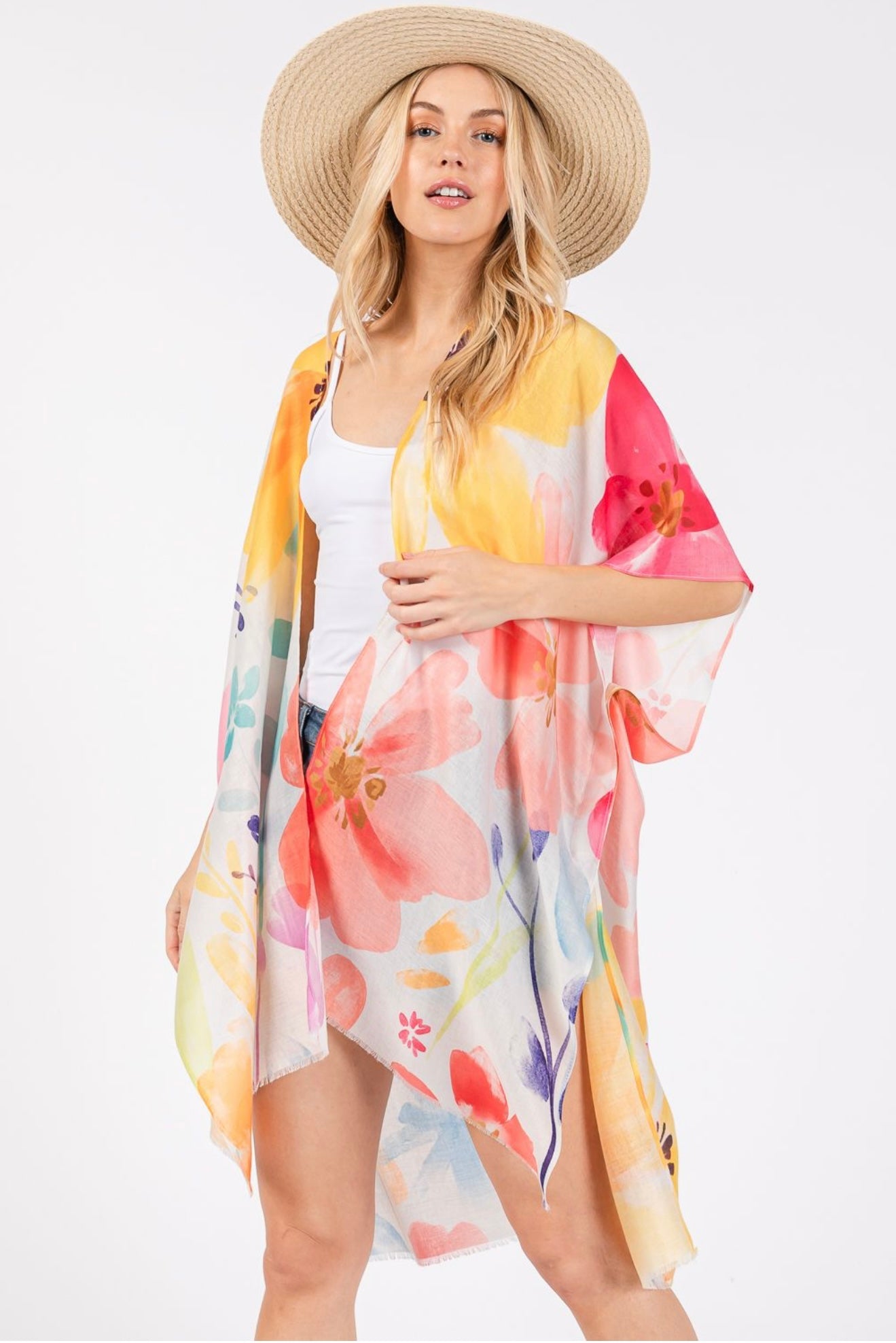 Water Color Flower Print Open KImono Shawl