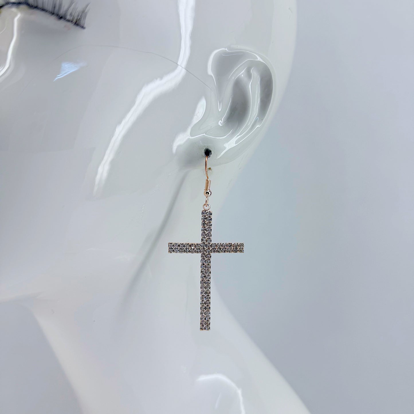 Fish Hook Earrings With Rhinestones Cross Design Dangle