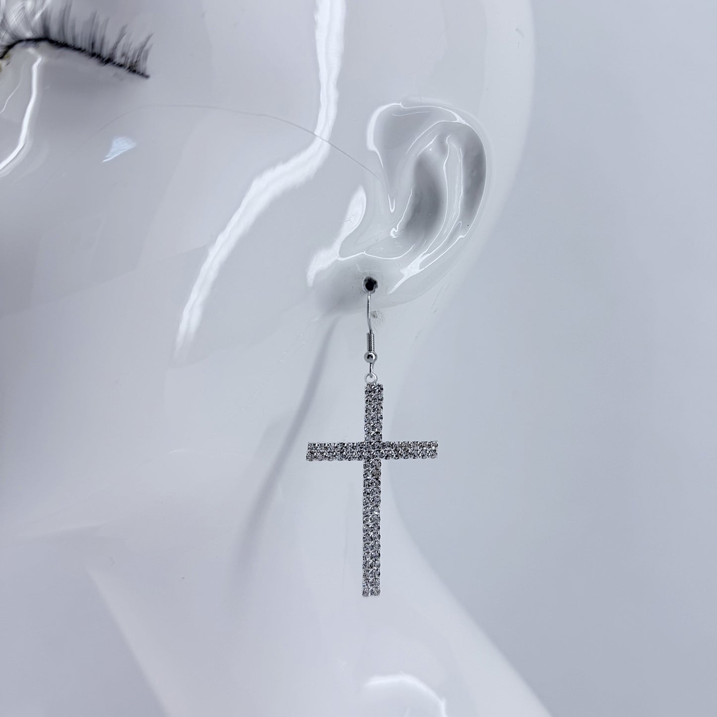 Fish Hook Earrings With Rhinestones Cross Design Dangle