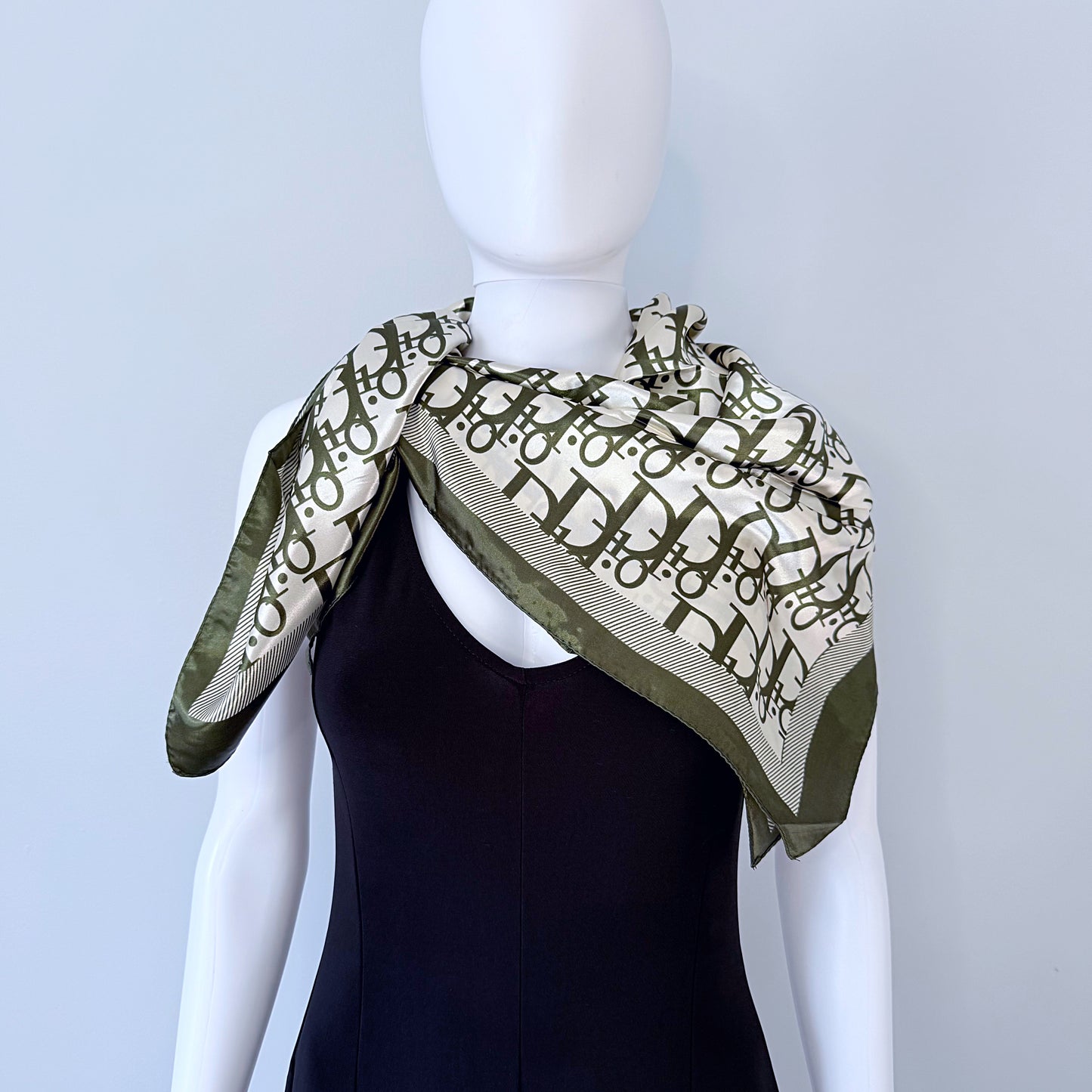 Olive Silk Feel Square Scarf Initial D Print