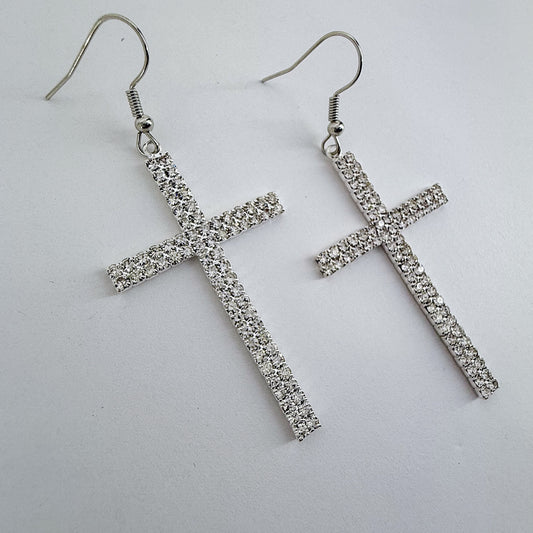 Fish Hook Earrings With Rhinestones Cross Design Dangle