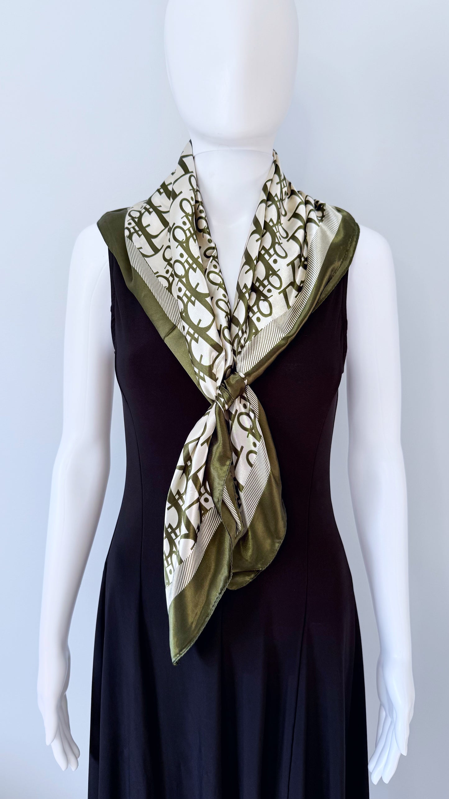 Olive Silk Feel Square Scarf Initial D Print