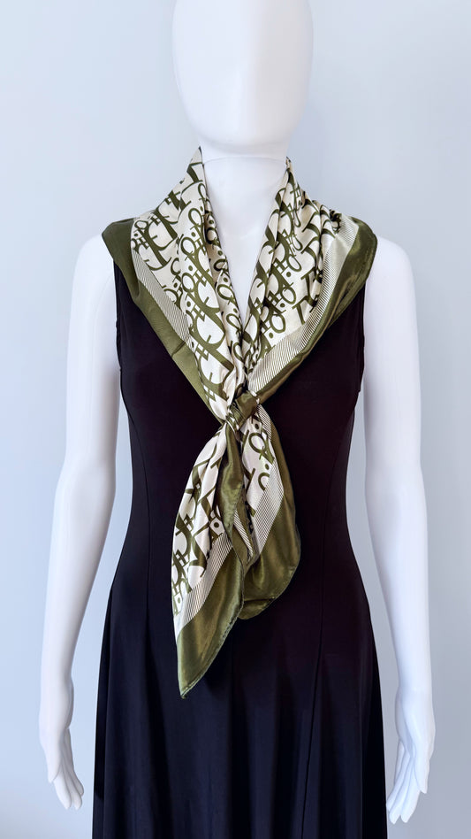 Olive Silk Feel Square Scarf Initial D Print