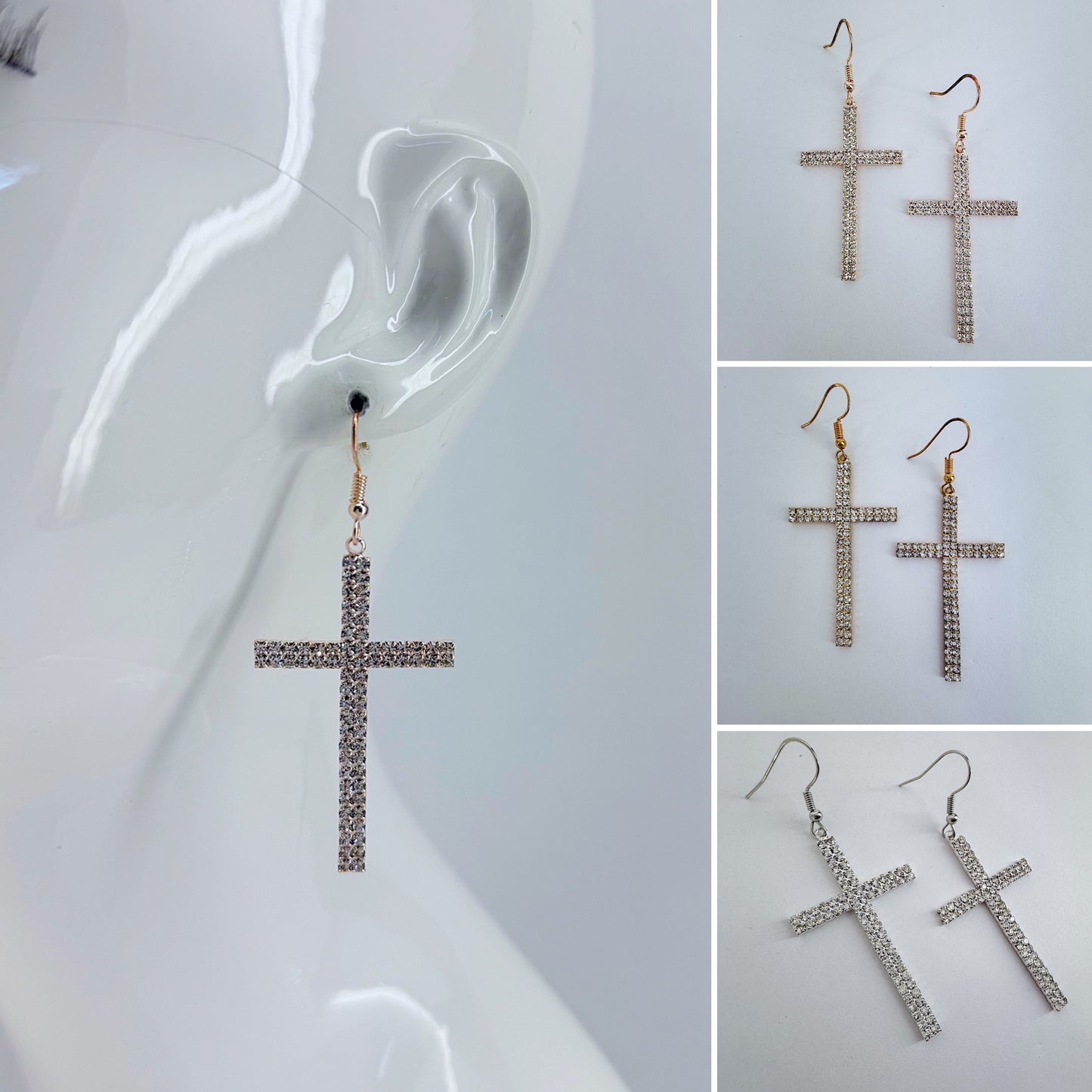 Fish Hook Earrings With Rhinestones Cross Design Dangle