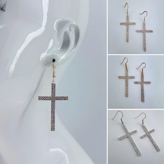 Fish Hook Earrings With Rhinestones Cross Design Dangle