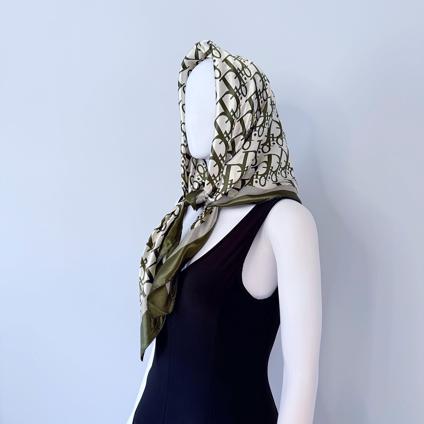 Olive Silk Feel Square Scarf Initial D Print