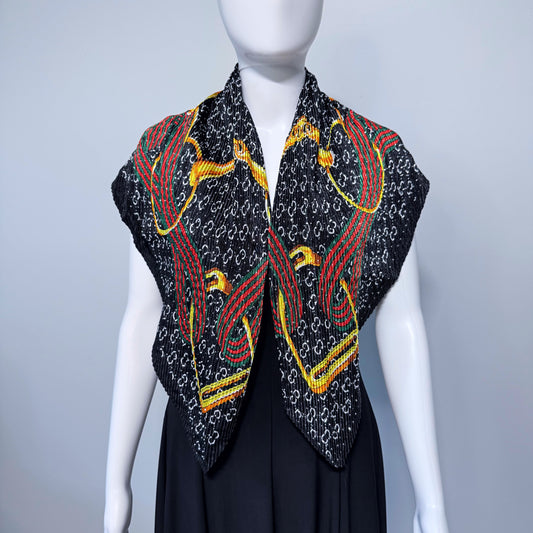 Black Silk Feel Pleated Scarf With Rhinestones