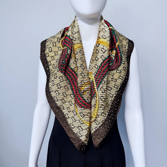 Brown Silk Feel Pleated Scarf With Rhinestones
