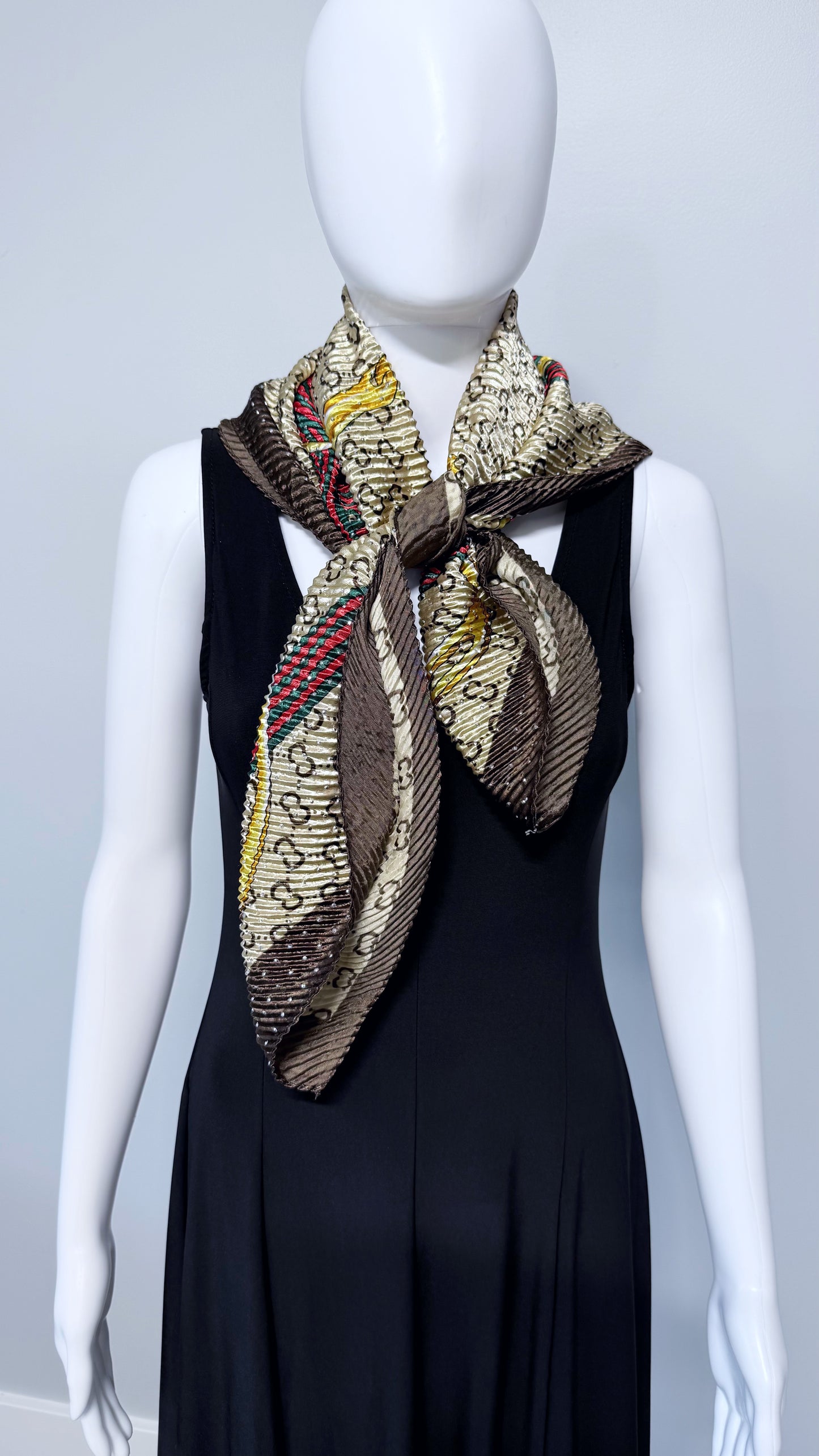 Brown Silk Feel Pleated Scarf With Rhinestones