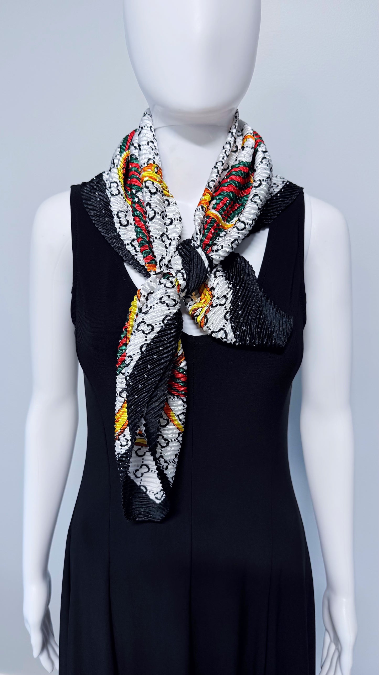 White Silk Feel Pleated Scarf With Rhinestones